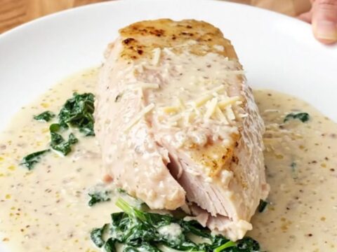 A close-up of tender, cooked turkey breast topped with creamy parmesan sauce and wilted spinach.