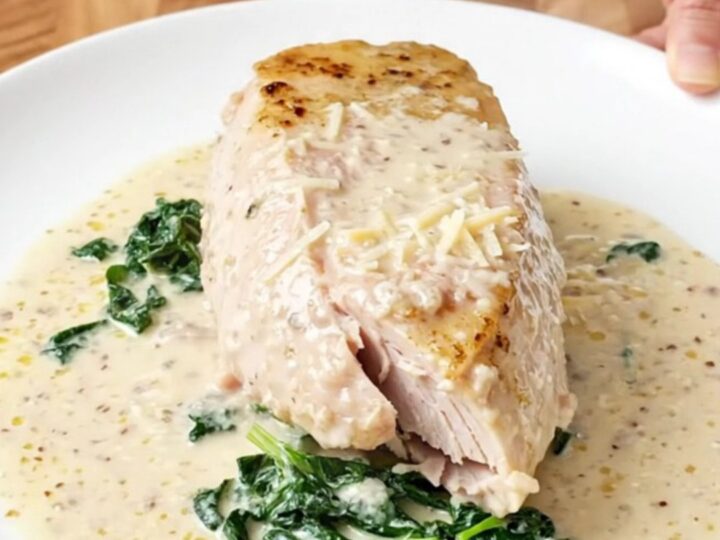 A close-up of tender, cooked turkey breast topped with creamy parmesan sauce and wilted spinach.