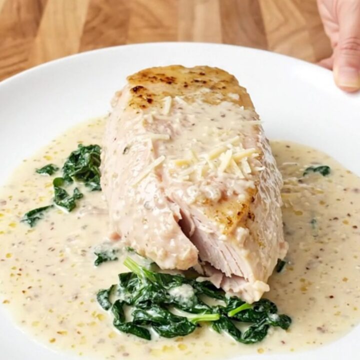 A close-up of tender, cooked turkey breast topped with creamy parmesan sauce and wilted spinach.