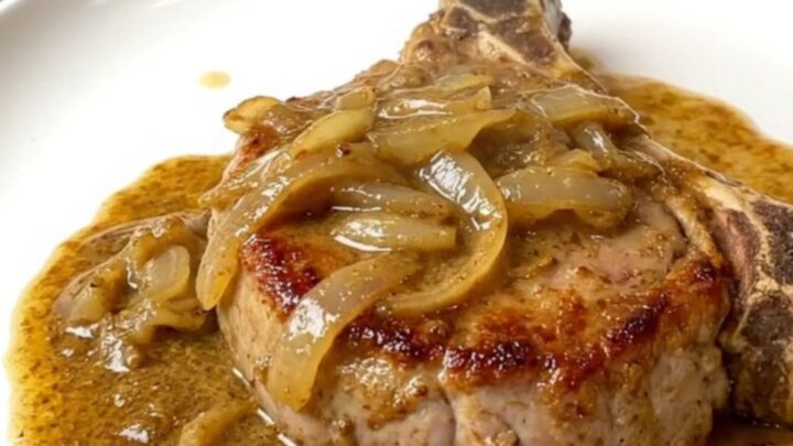 A plate of creamy smoked chile pork chops served with a rich sauce.