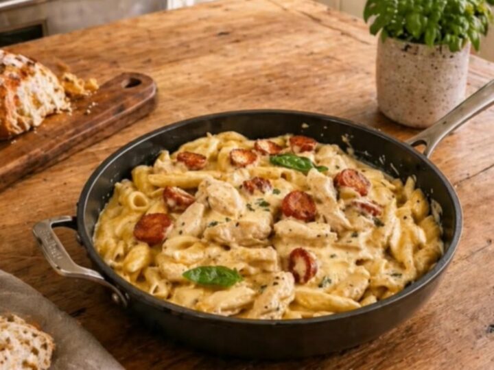 A close-up of a fork lifting a large portion of creamy penne pasta with melted pepper jack cheese.