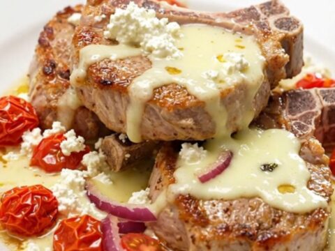 Four golden-brown pork chops topped with melted feta, burst cherry tomatoes, and red onion in a slow cooker.