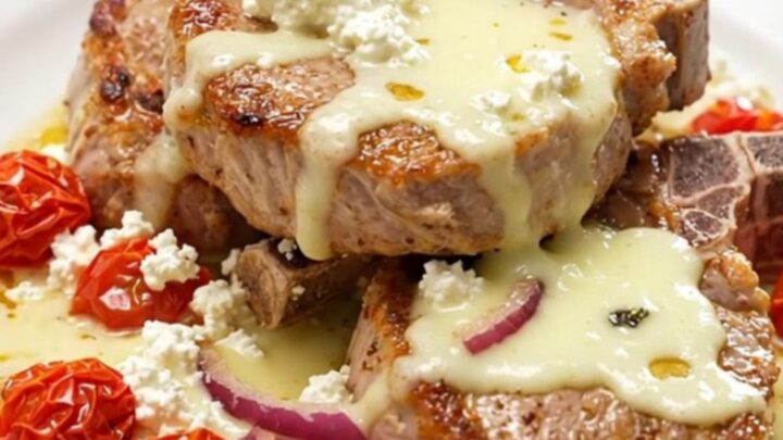 Four golden-brown pork chops topped with melted feta, burst cherry tomatoes, and red onion in a slow cooker.