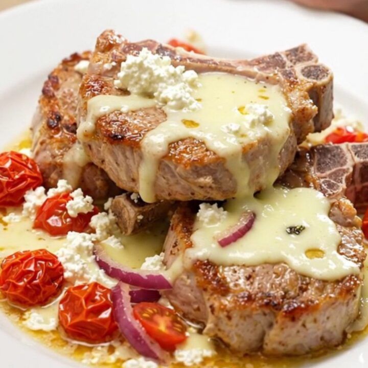Four golden-brown pork chops topped with melted feta, burst cherry tomatoes, and red onion in a slow cooker.