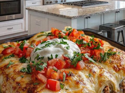 A close-up of a cheesy crescent roll taco bake being lifted with a spatula, showing a stretchy cheese pull.