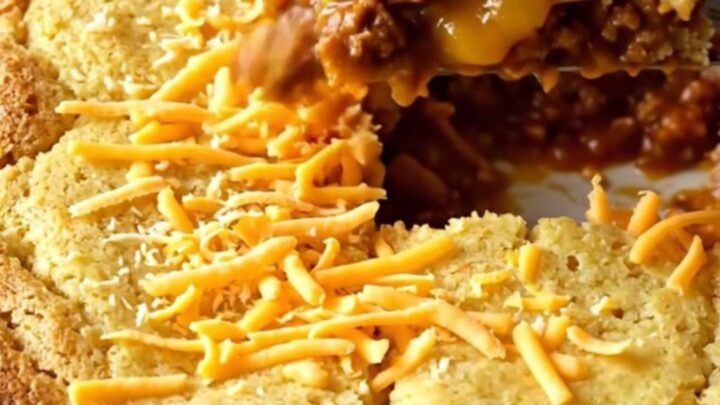 A golden, freshly baked turkey chili cornbread bake in a ceramic dish, with melted cheddar on top.