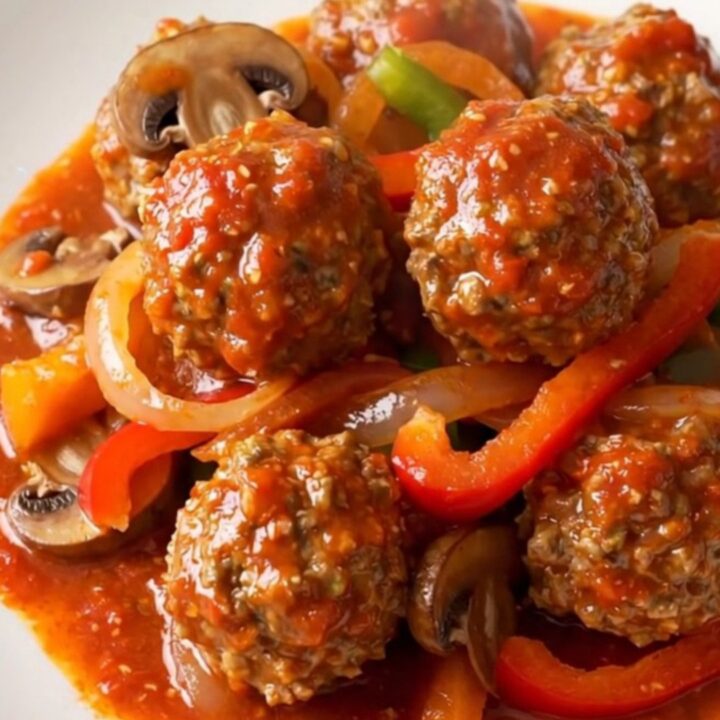 A bowl of chicken meatball cacciatore with peppers and mushrooms in a rich tomato sauce.
