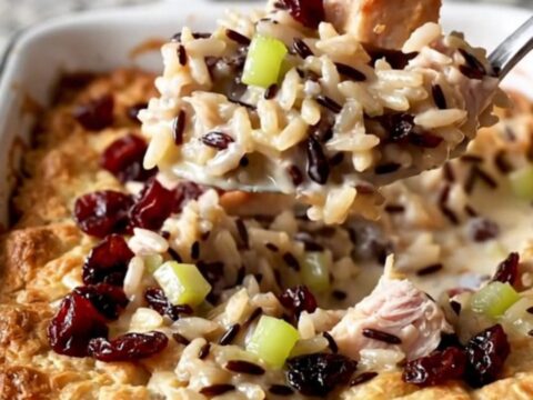 A creamy turkey and wild rice bake in an enameled dish with cranberries on top.