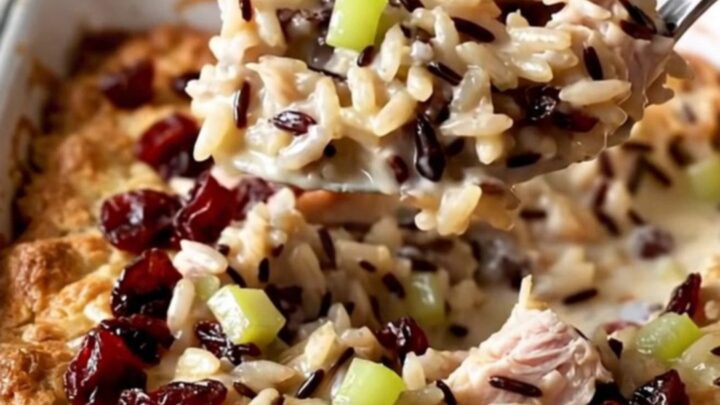 A creamy turkey and wild rice bake in an enameled dish with cranberries on top.