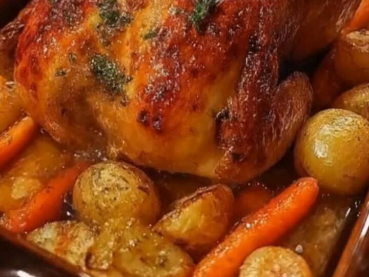 A whole golden roasted herb chicken nestled with carrots and potatoes in a brown ceramic pan.