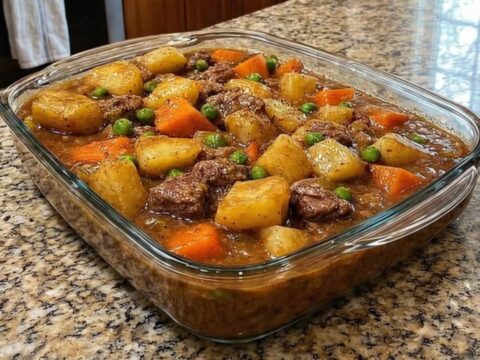 A rustic, rectangular glass casserole dish filled with tender beef chunks, carrots, potatoes