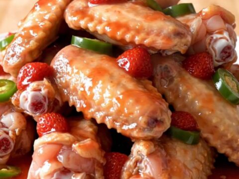 Slow cooker strawberry jalapeno chicken wings served on a white plate with fresh jalapeno slices.