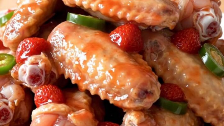 Slow cooker strawberry jalapeno chicken wings served on a white plate with fresh jalapeno slices.
