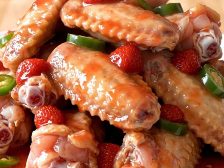 Slow cooker strawberry jalapeno chicken wings served on a white plate with fresh jalapeno slices.