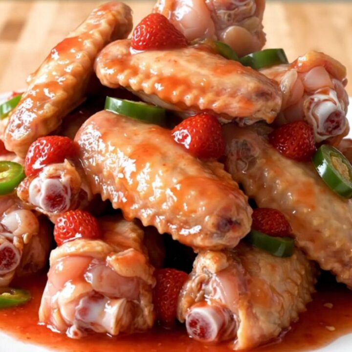 Slow cooker strawberry jalapeno chicken wings served on a white plate with fresh jalapeno slices.