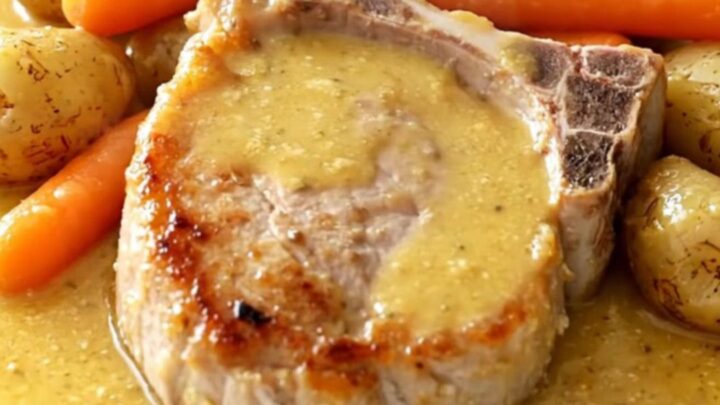 A top-down view of tender pork chops, carrots, and potatoes in a creamy honey Dijon sauce inside a slow cooker.
