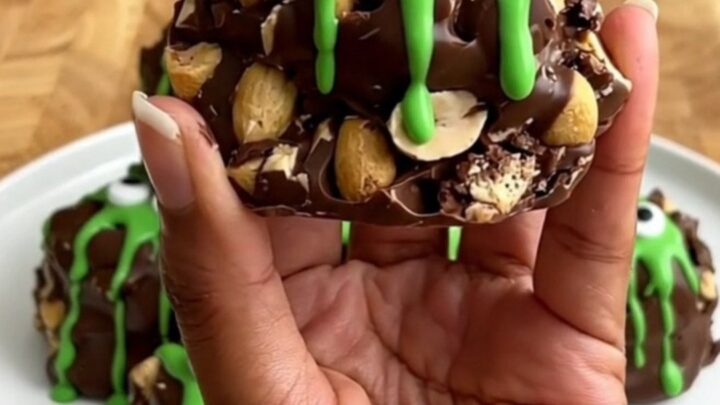 A plate of finished monster peanut clusters with candy eyes and green drizzle.