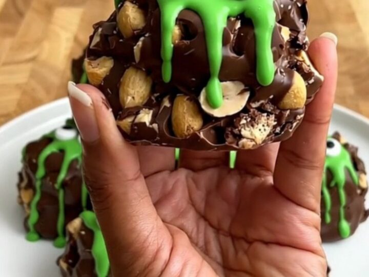 A plate of finished monster peanut clusters with candy eyes and green drizzle.