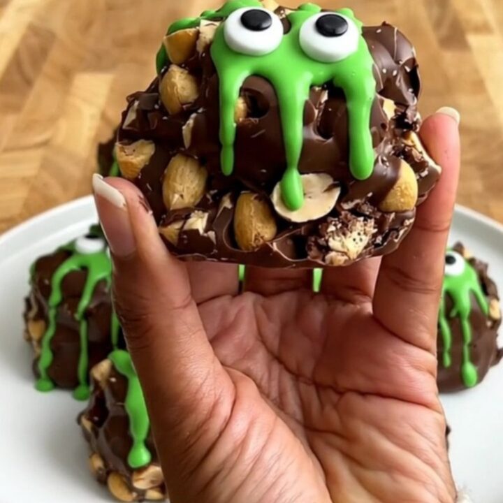 A plate of finished monster peanut clusters with candy eyes and green drizzle.