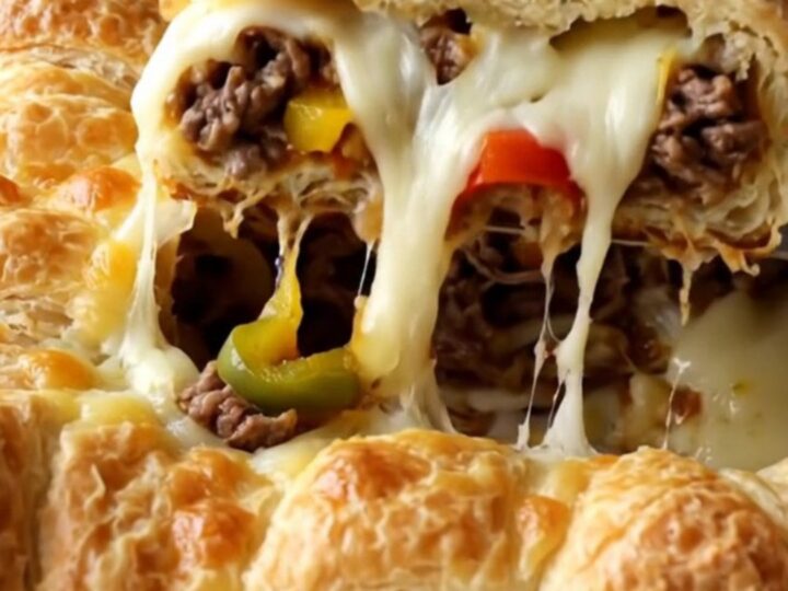 A golden, bubbling Philly cheesesteak crescent bake in a white ceramic dish on a wooden surface.
