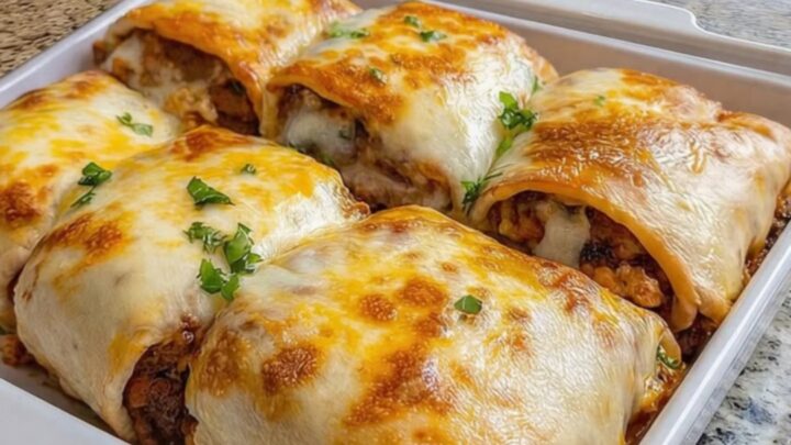 A white baking dish filled with six golden-brown, cheesy taco pockets on a granite countertop, garnished with parsley.