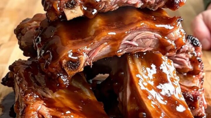 A close-up of slow-cooked pork spareribs coated in a thick, glossy hoisin garlic glaze on a wooden board.