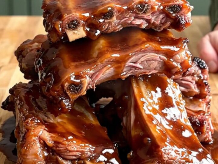 A close-up of slow-cooked pork spareribs coated in a thick, glossy hoisin garlic glaze on a wooden board.