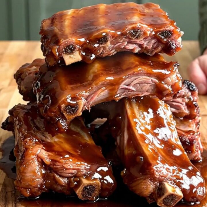 A close-up of slow-cooked pork spareribs coated in a thick, glossy hoisin garlic glaze on a wooden board.