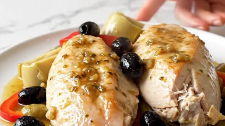 A close-up of tender, slow-cooked chicken breasts topped with artichokes, red peppers, and olives on a white plate.