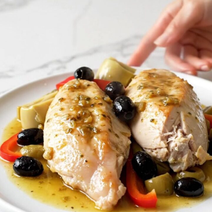 A close-up of tender, slow-cooked chicken breasts topped with artichokes, red peppers, and olives on a white plate.