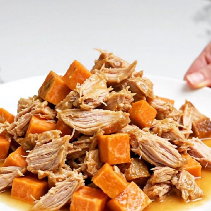 A close-up of a serving of smoky ground turkey and sweet potatoes in a white bowl with steam rising.