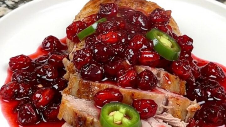 A close-up of sliced cranberry jalapeno pork tenderloin on a white plate.