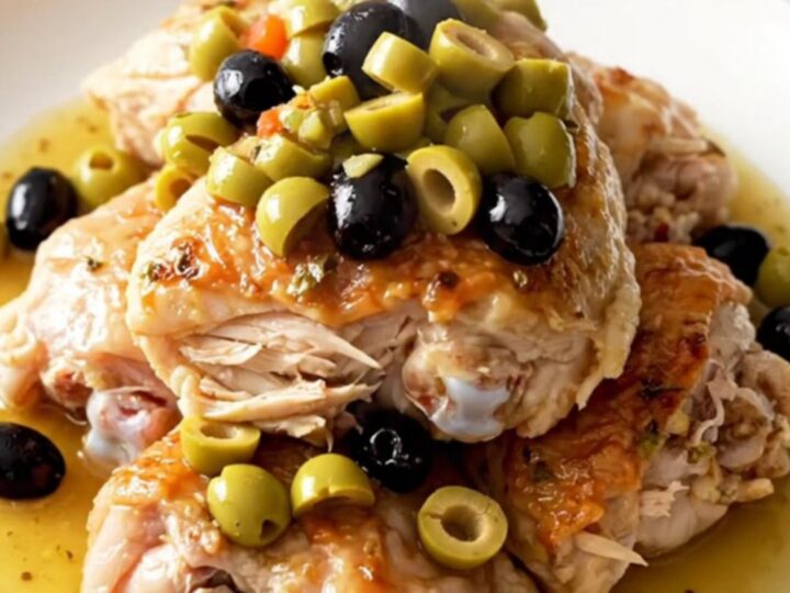 A top-down view of slow cooker muffuletta chicken with visible pieces of olive salad and fresh herbs.