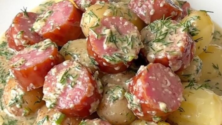 A close-up view of creamy kielbasa and potato chunks in a slow cooker topped with dried dill.