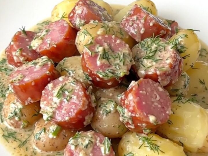 A close-up view of creamy kielbasa and potato chunks in a slow cooker topped with dried dill.