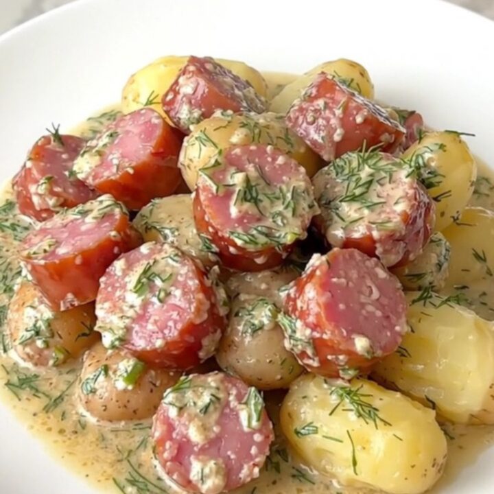 A close-up view of creamy kielbasa and potato chunks in a slow cooker topped with dried dill.