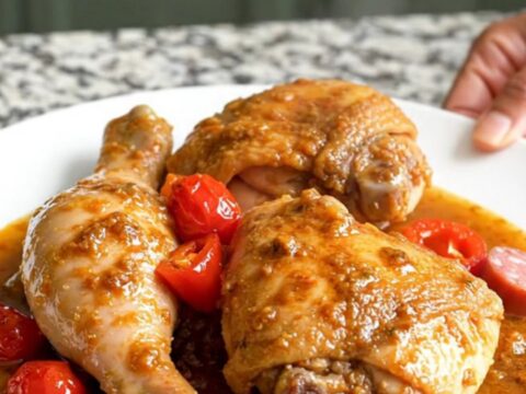 A top-down view of a slow cooker filled with chicken thighs, sliced sausage, and cherry peppers in a tangy sauce.