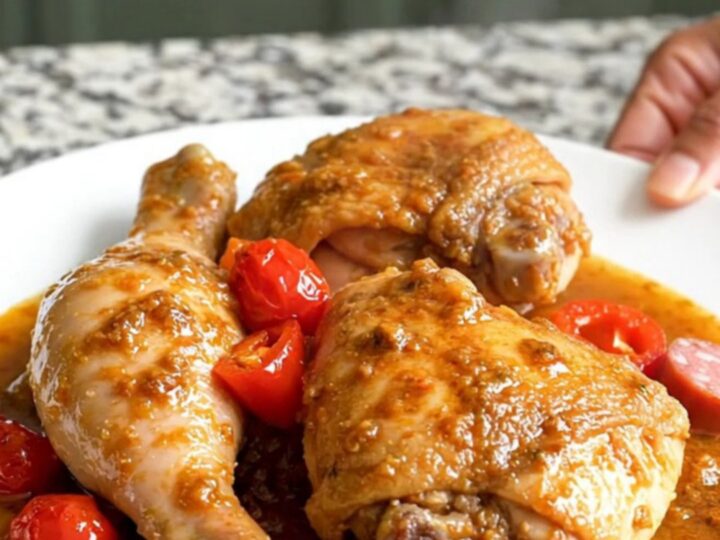 A top-down view of a slow cooker filled with chicken thighs, sliced sausage, and cherry peppers in a tangy sauce.