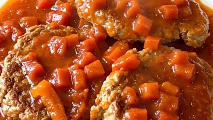 A close-up of smoky turkey burger steaks in a slow cooker topped with fire-roasted tomatoes and peppers.