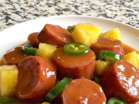 A top-down view of a black slow cooker filled with sliced kielbasa, pineapple chunks, and jalapeno rings.
