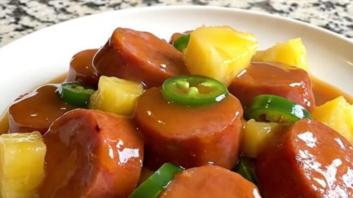 A top-down view of a black slow cooker filled with sliced kielbasa, pineapple chunks, and jalapeno rings.
