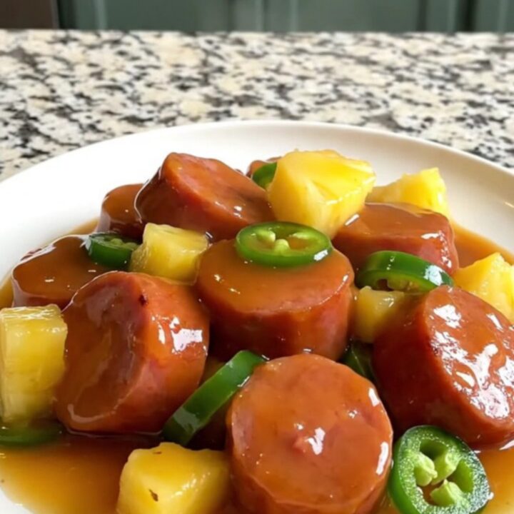 A top-down view of a black slow cooker filled with sliced kielbasa, pineapple chunks, and jalapeno rings.
