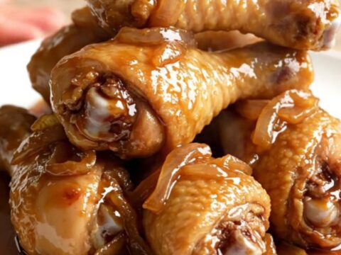A high-angle shot showing raw chicken drumsticks arranged in a slow cooker with onions and sauce ingredients.