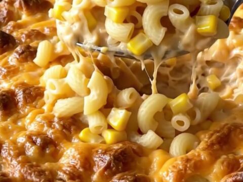 A top-down view of a rectangular baking dish filled with creamy macaroni and cheese topped with crumbled white cheese.