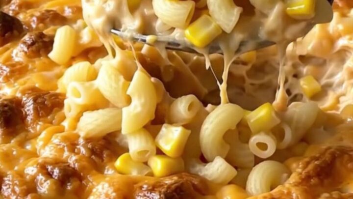 A top-down view of a rectangular baking dish filled with creamy macaroni and cheese topped with crumbled white cheese.