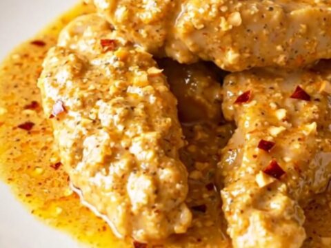 A serving spoon lifting a tender piece of chicken coated in a rich