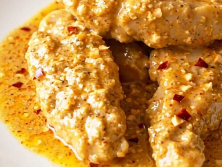 A serving spoon lifting a tender piece of chicken coated in a rich