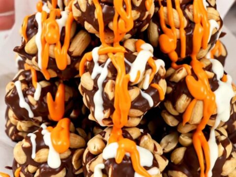 A top-down view of roasted peanuts, chocolate chips, and candy melts inside a black slow cooker insert.