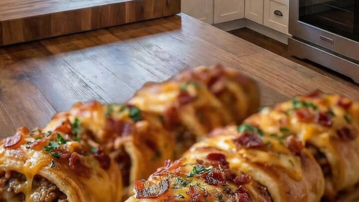 Golden-brown stuffed crescent rolls topped with bacon on a rustic wooden board.