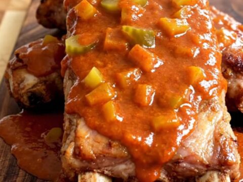 A close-up of Nashville hot country-style ribs served on a wooden board with a thick, spicy butter sauce.